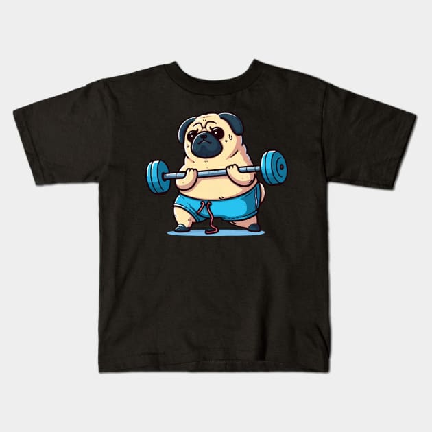 pug dog working out and lifting weights Kids T-Shirt by Arteria6e9Vena